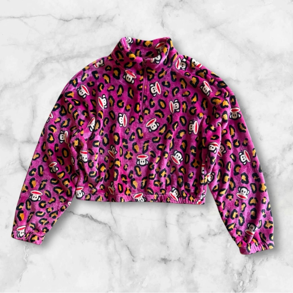 NWOT Paul Frank Juniors Magenta Pink Leopard Monkey Print Fleece Pullover